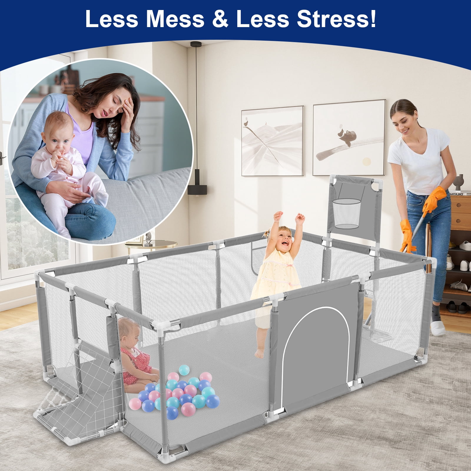 71" x 48" Extra Large Playpen for Babies Toddlers, Baby Playard with Basketball Hoop, No Gap Kids Fence Play Area Ball Pits, Infant Safety Play Yard with Door/Soccer Net