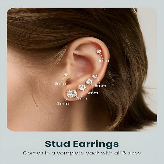 DESIGNICE 6 Pairs Stud Earrings Set, Hypoallergenic Cubic Zirconia 316L Earrings Stainless Steel Earrings 3-8mm (Steel color)