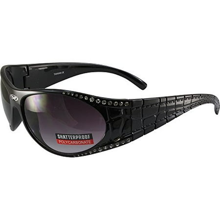 Leather Mirror Frames Global Vision Marilyn 1.5 Motorcycle Sunglasses Black Leather Pattern Rhinestone Decorated Frames Gradient Mirror Lenses ()