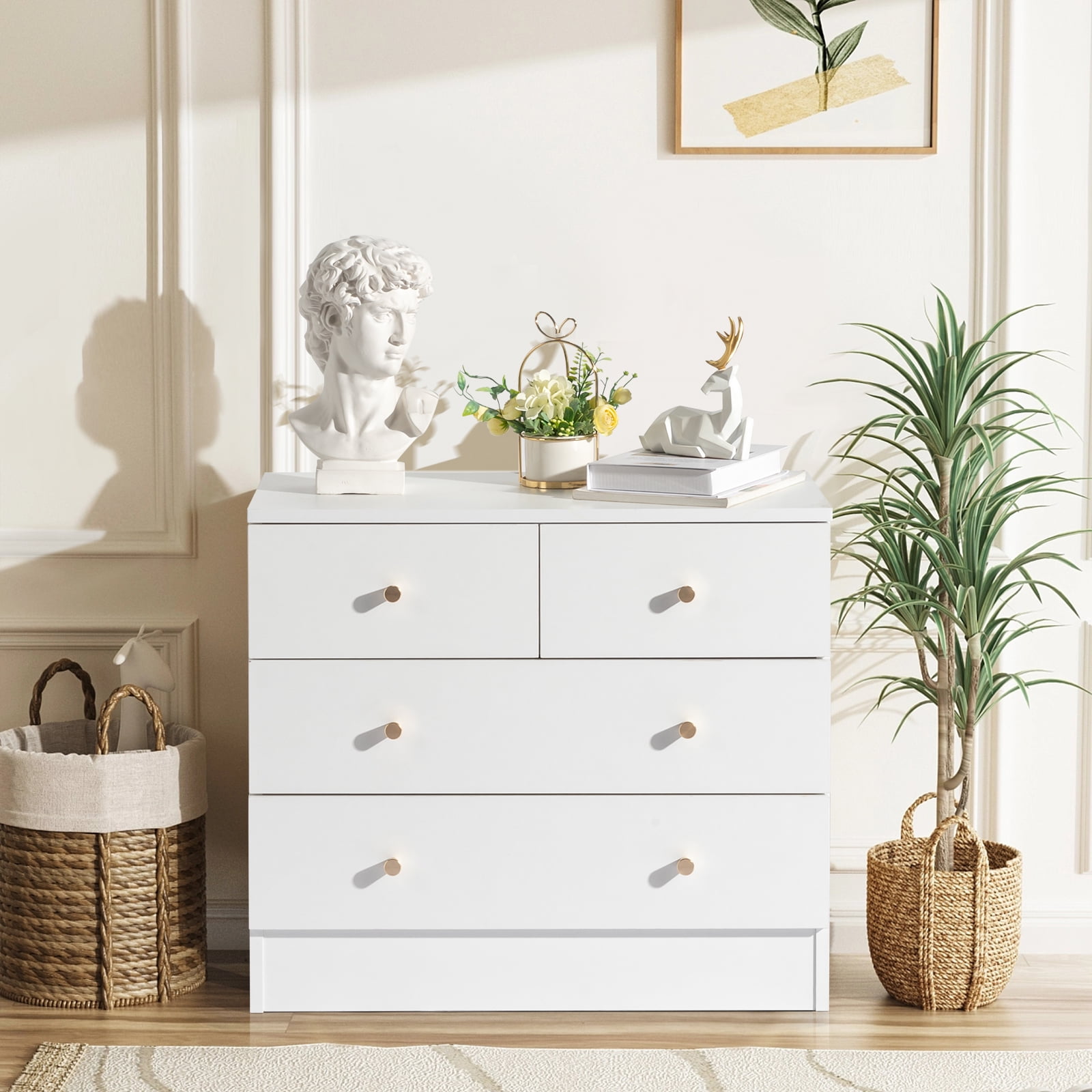 UBesGoo Modern Wood 4-Drawer Dresser Chest Bedside Table for Bedroom,Living Room,White