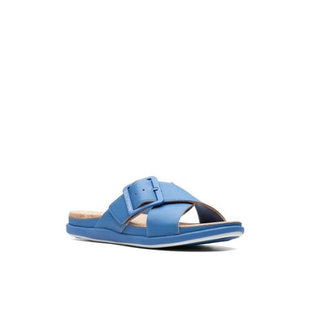 

CLOUD STEPPERS BY CLARKS Womens Blue Crisscross Straps Impact Reducing Buckle Accent Cushioned Juneshell Wedge Slip On Slide Sandals 9 W