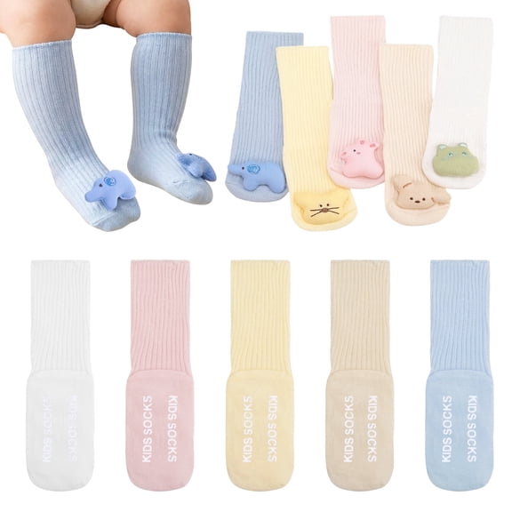 Bocaoying 5 Pairs Silly Socks for Toddler, Non-Slip 3D Cartoon Animal Design, Cotton Crew Socks with Letter Grippers, Age 1-3