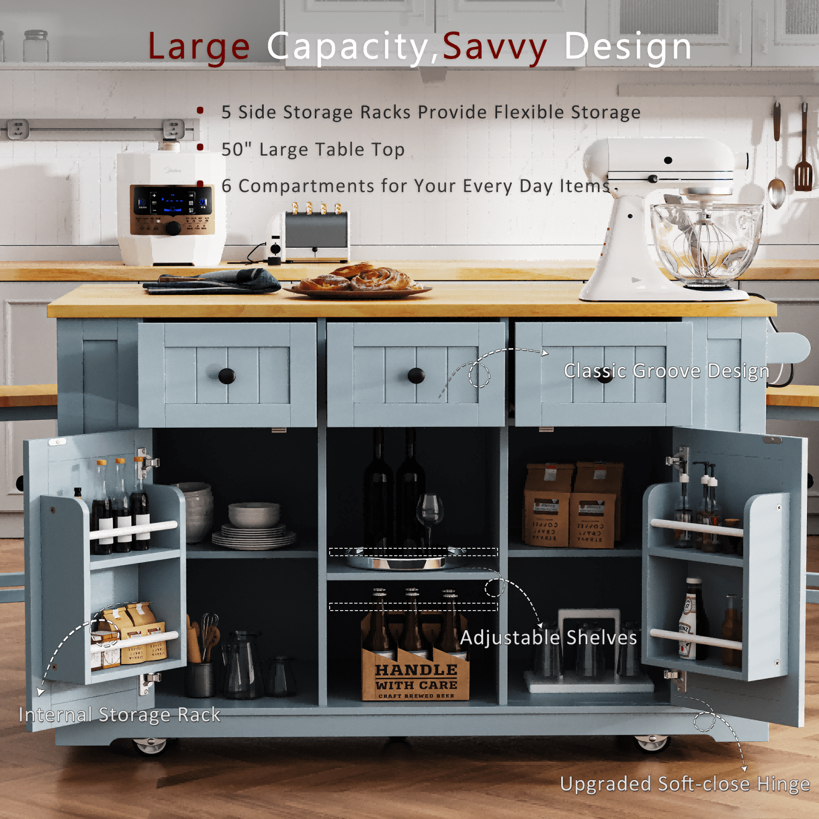 Kitchen Island with Storage, Moveable Kitchen Island with Power Outlet and Drop Leaf, Portable Kitchen Carts with Drawers and Shelves for Dinning Room