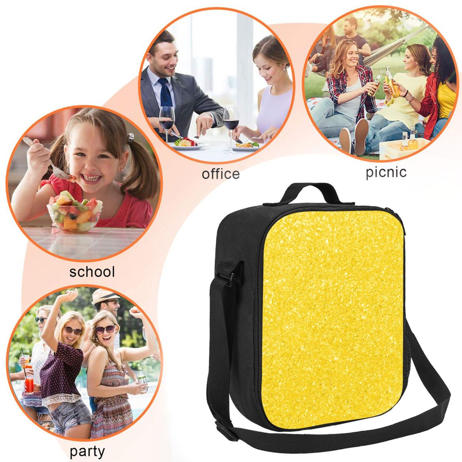 Ratiio Yellow Glitter Print Lunch Box - Reusable Lunch Bag Men Adult Women- Insulated LunchBox