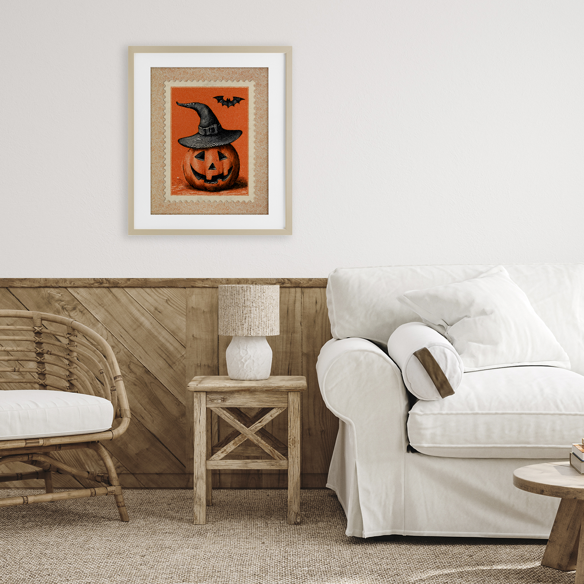 Vintage Jack-o-Lantern Stamp Birch Framed Print Under Glass, design by Arlington Prints