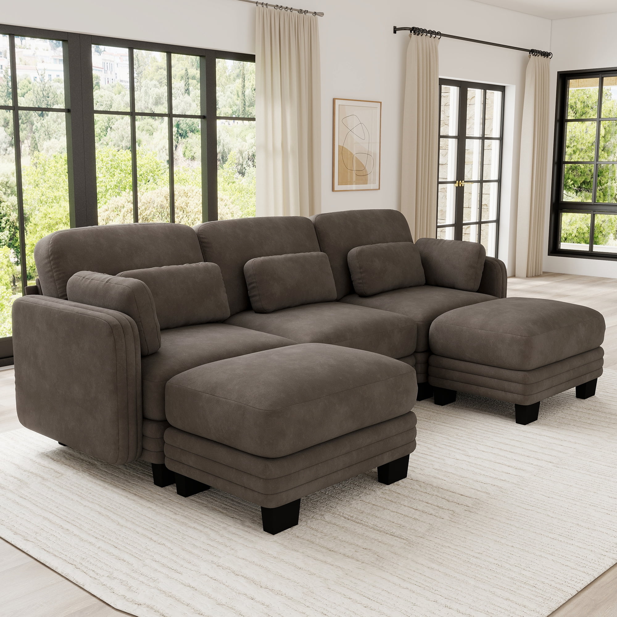 100" U-shaped Tufted Modern Modular Sectional 3 Seater Sofa Couch with 2 Ottomans and 5 Pillows