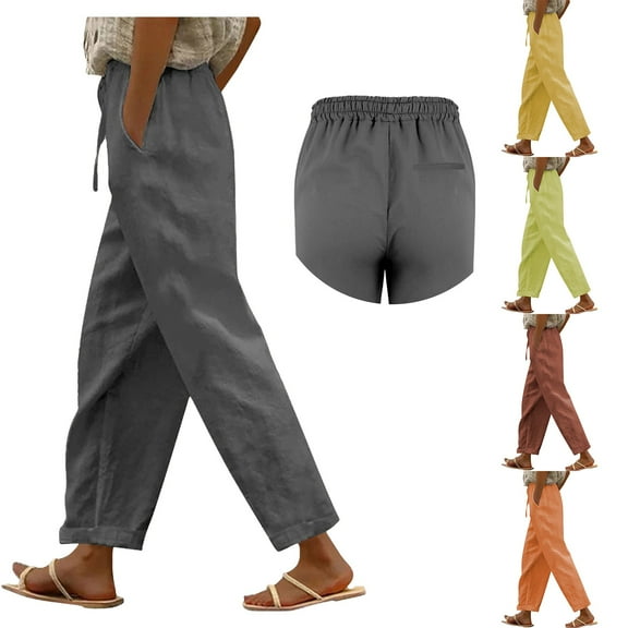 Women's Linen Cotton Blend Trousers with Elastic Waist and Side Slits Comfortable Straight Leg Casual Long Pants
