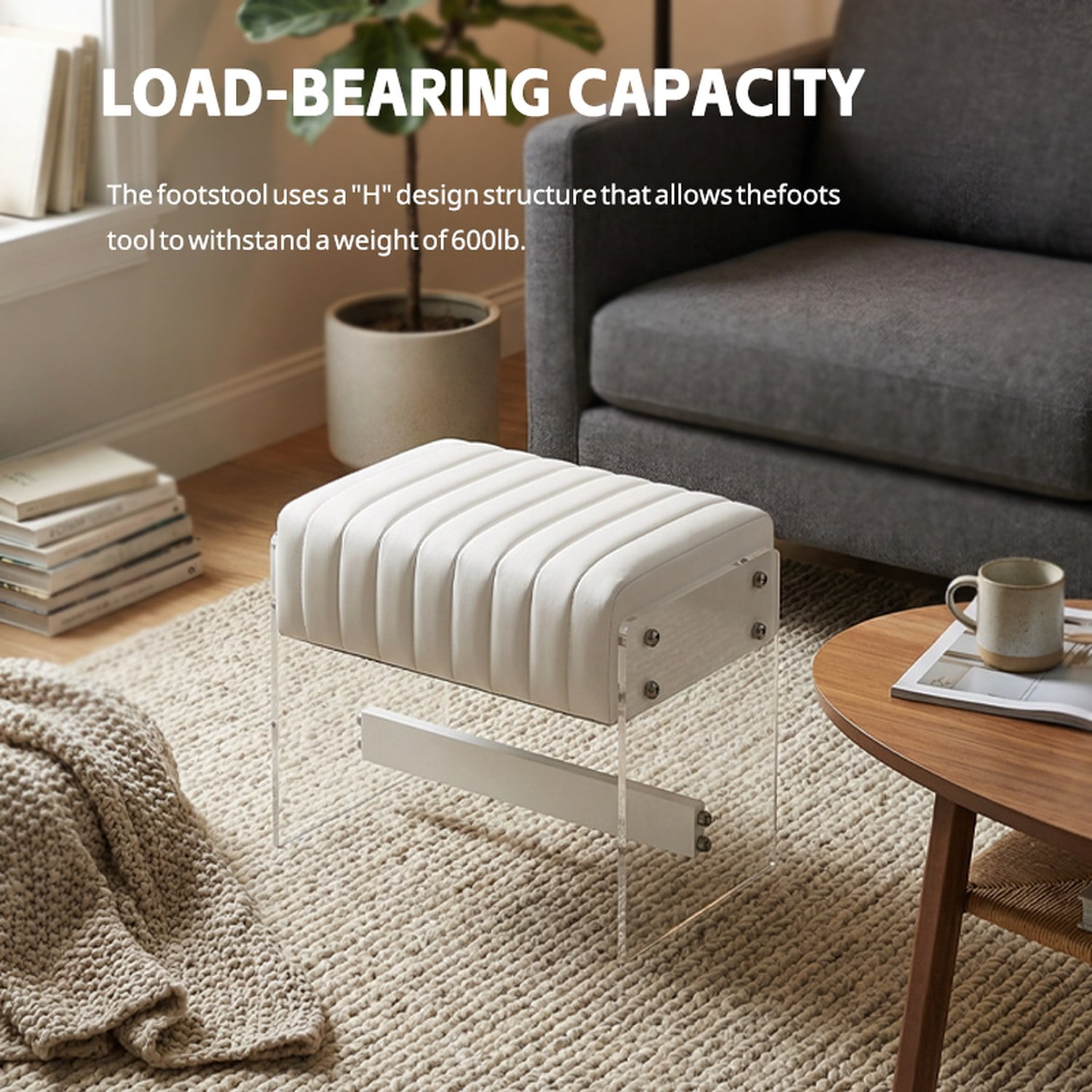 Modern Minimalist Dressing Stool, Decorated With White Pu Leather Surface, High-Density Sponge And Transparent Acrylic Legs, Suitable For Bedrooms, Entrances, And Living Rooms