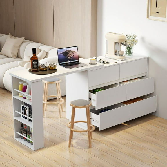LUMAMIN L-Shaped Vanity Desk with 6 Drawers, 69" Wood Extendable Computer Desk Dressing Table Dresser & Chest of Drawers, Convertible Corner or Long Tables, White