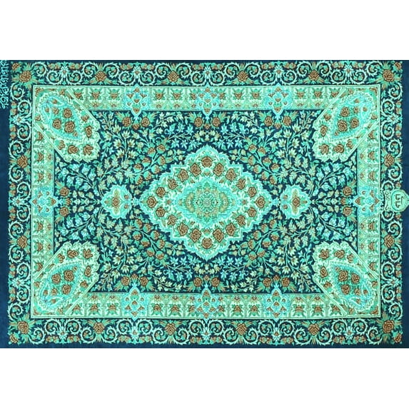 Ahgly Company Machine Washable Indoor Rectangle Medallion Turquoise Blue Traditional Area Rugs, 6' x 9'