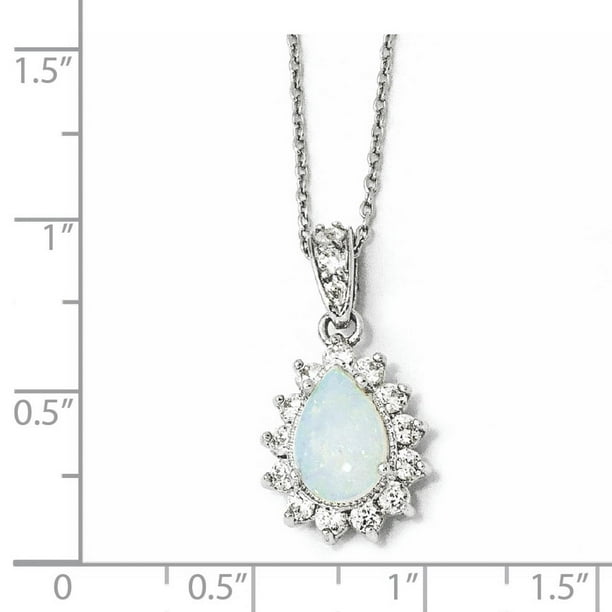 925 Sterling Silver Cabochon Lab Created Opal Brilliant Cut Cubic Zirconia  Cz Teardrop Halo Round 18 Inch Chain Necklace Pendant Charm Gemstone