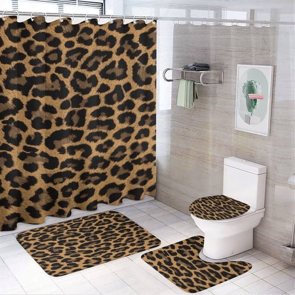 Animal Print Shower Curtain Bathroom Sets Toilet Lid Rug, Bath Mat And Contour Mat, Shower Curtain 4Pcs