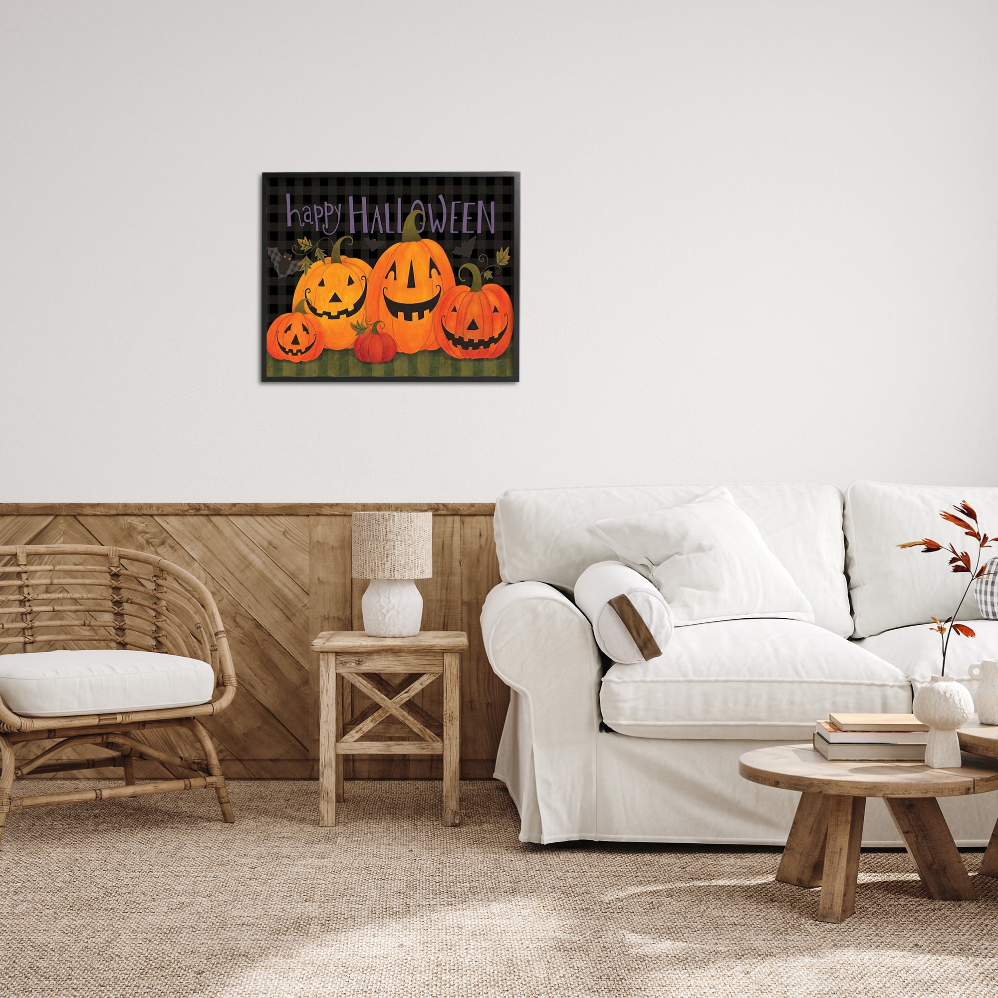 Stupell Industries Halloween Smiling Jack-o-Lanterns Holiday Painting Black Framed Art Print Wall Art, 30 x 24