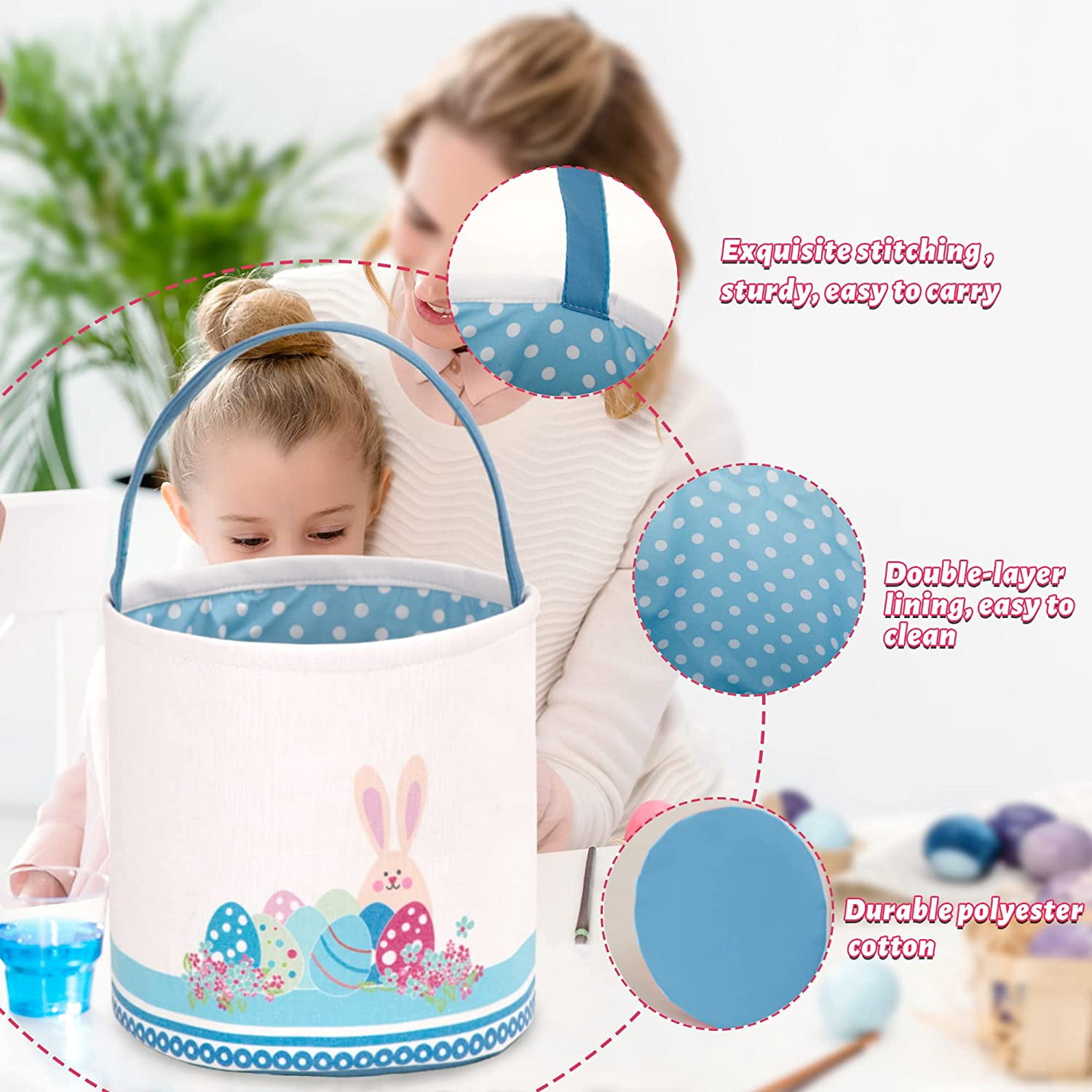 Easter Bunny Egg Hunt Basket, Personalized Canvas Cotton Tote Bag With Handle, Reusable Easter Party Gift Bucket for Kids, Blue, One Size