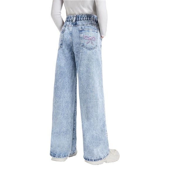 OYYN Girls Wash Bow Embroidered Wide Leg Jeans Comfortable Back to School Pants Elastic Waist Baggy Durable Play Denim Pants Y2K Jeans