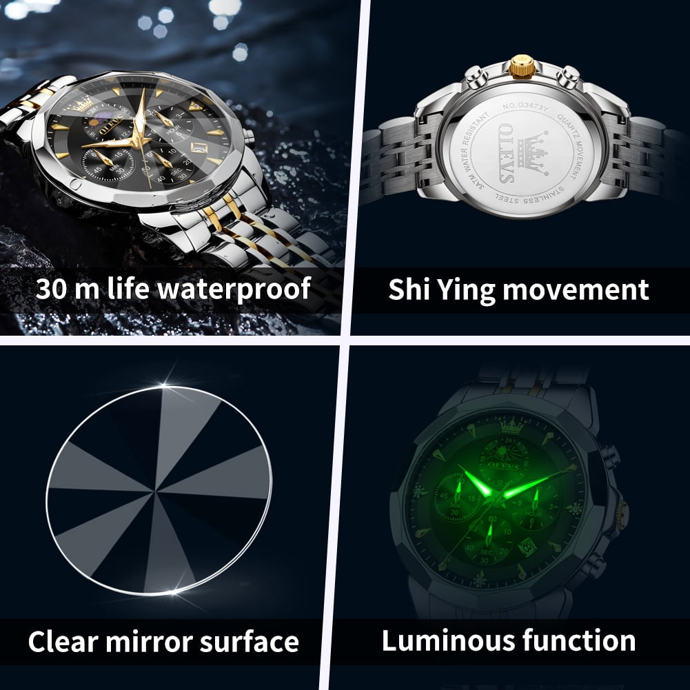 OLEVS Watches For Men Business Dress Luxury Casual Chronograph Multifunction Analog Quartz Stainless Steel Waterproof Luminous Moon Phase Date Men Wrist Watches Reloj Para Hombre Black Dial