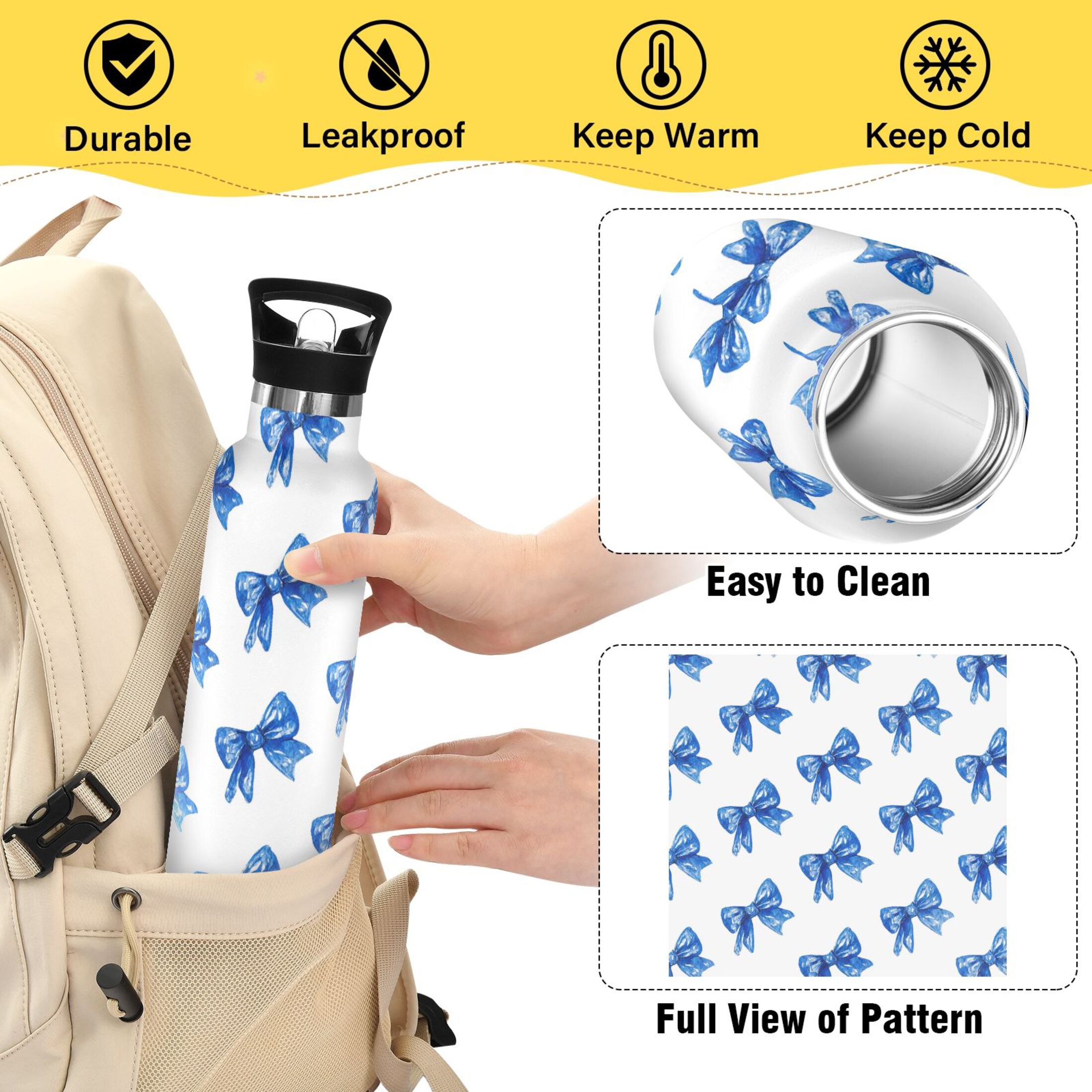 Kids Insulated Stainless Steel Sports Water Bottle 600ml (20oz) Blue Bows Pattern