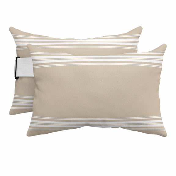 Outdoor Lumbar Pillows with Strap & Insert Khaki Stripes Recliner Head Pillow Pack of 2 French Stripe Farmhouse Style Waterproof Headrest Patio Lounge Chair Pillows for Beach Office 11x16 Inch