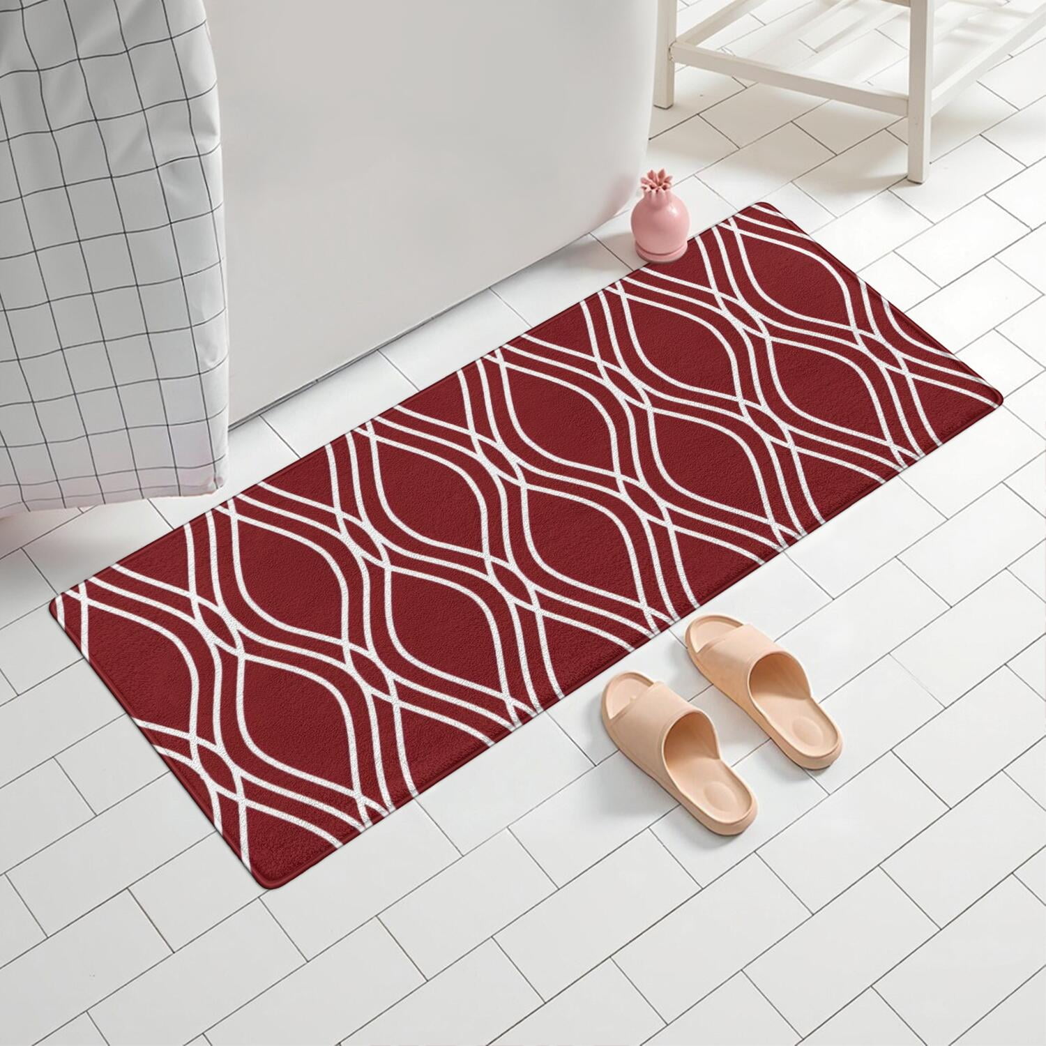 Burgundy and White Wavy Pattern Bathroom Rugs Mat,Non Slip Microfiber Bathroom Rug,Rubber Backing,Soft Bathroom Mats for Bathroom Floor,Tub and Shower,60x24in(150x60cm)