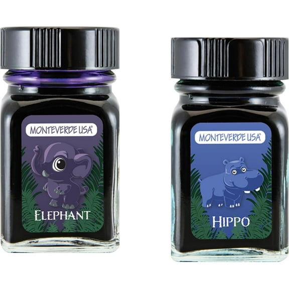 Monteverde 60ml Ink, Elephant (Purple), Hippo (Dark Blue) Jungle Ink (G309EL, G309HI) Fountain Pen Ink (30ml Each Ink Bottle, 2 Pack)