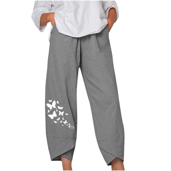 Herrnalise Women's Loose Print Solid Color Pocket Loose Pants Gray L