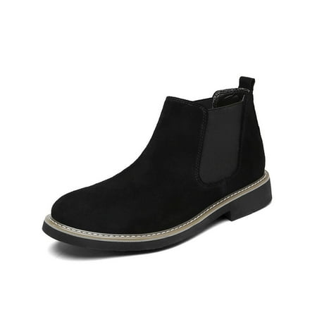 

Gomelly Mens Non-Slip Ankle Booties Elastic Leather Bootie Office Casual Slip On Shoes Black (Plush Lining) 9.5