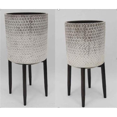 Rustic White Drum Shaped Metal on Dark Brown Legs Plant Stand - Set of 2