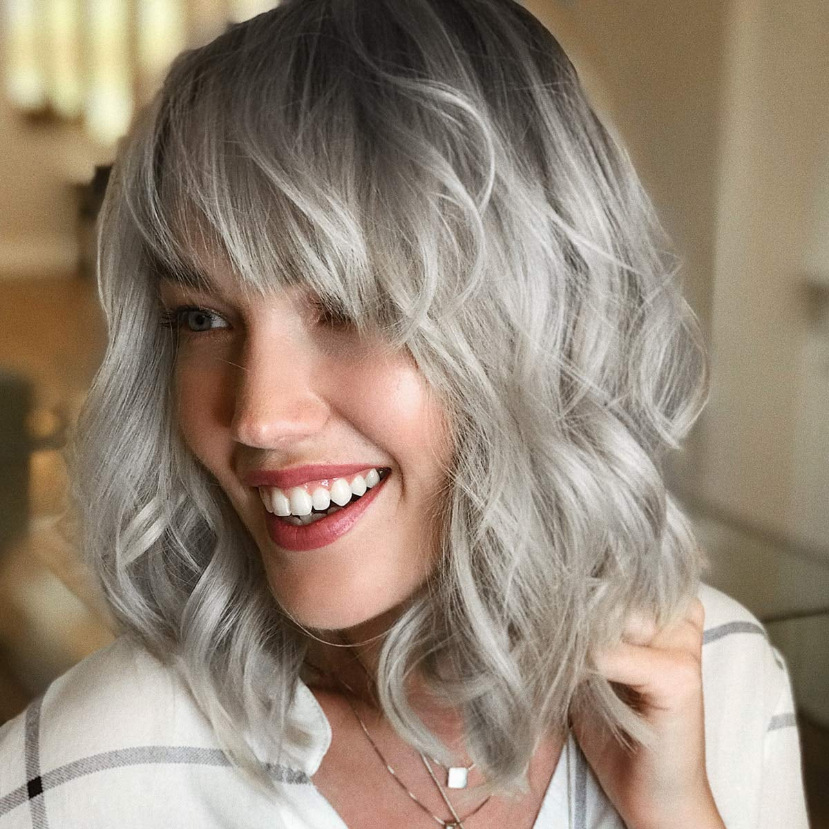 BORKE Wavy Bob Wig with Bangs Natural Ombre Silver Wig Synthetic Hair  Shoulder Length Short Curly Wigs for Women - Walmart.com