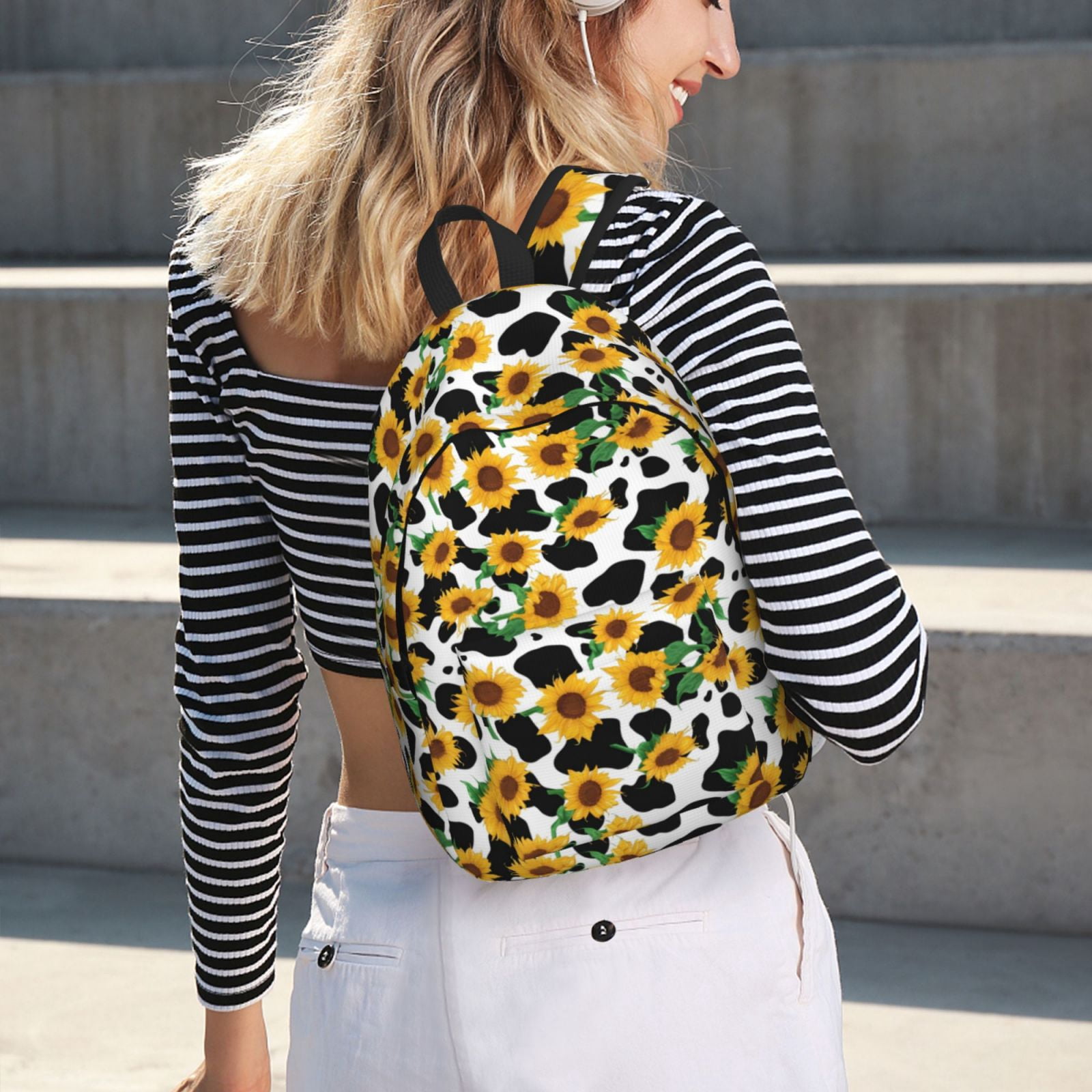 Picia Cute Cow Print Sunflower C Printed Canvas Daypack - Stylish and Durable Vintage Compact Backpack - Class, Work, Travel, or Laptop Bookbag,Organized Compartments-Small