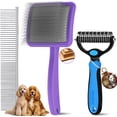 thumbnail image 1 of Large Slicker Brush for Dogs – 3pc Grooming Kit with Undercoat Rake & Comb, Deshedding Pin Brush for Mats & Shedding on Long-Haired & Double-Coated Dogs, Cats, Poodles & Goldendoodle, Purple, 1 of 8