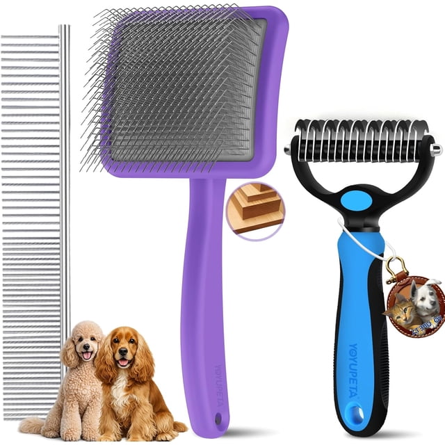 Large Slicker Brush for Dogs – 3pc Grooming Kit with Undercoat Rake & Comb, Deshedding Pin Brush for Mats & Shedding on Long-Haired & Double-Coated Dogs, Cats, Poodles & Goldendoodle, Purple