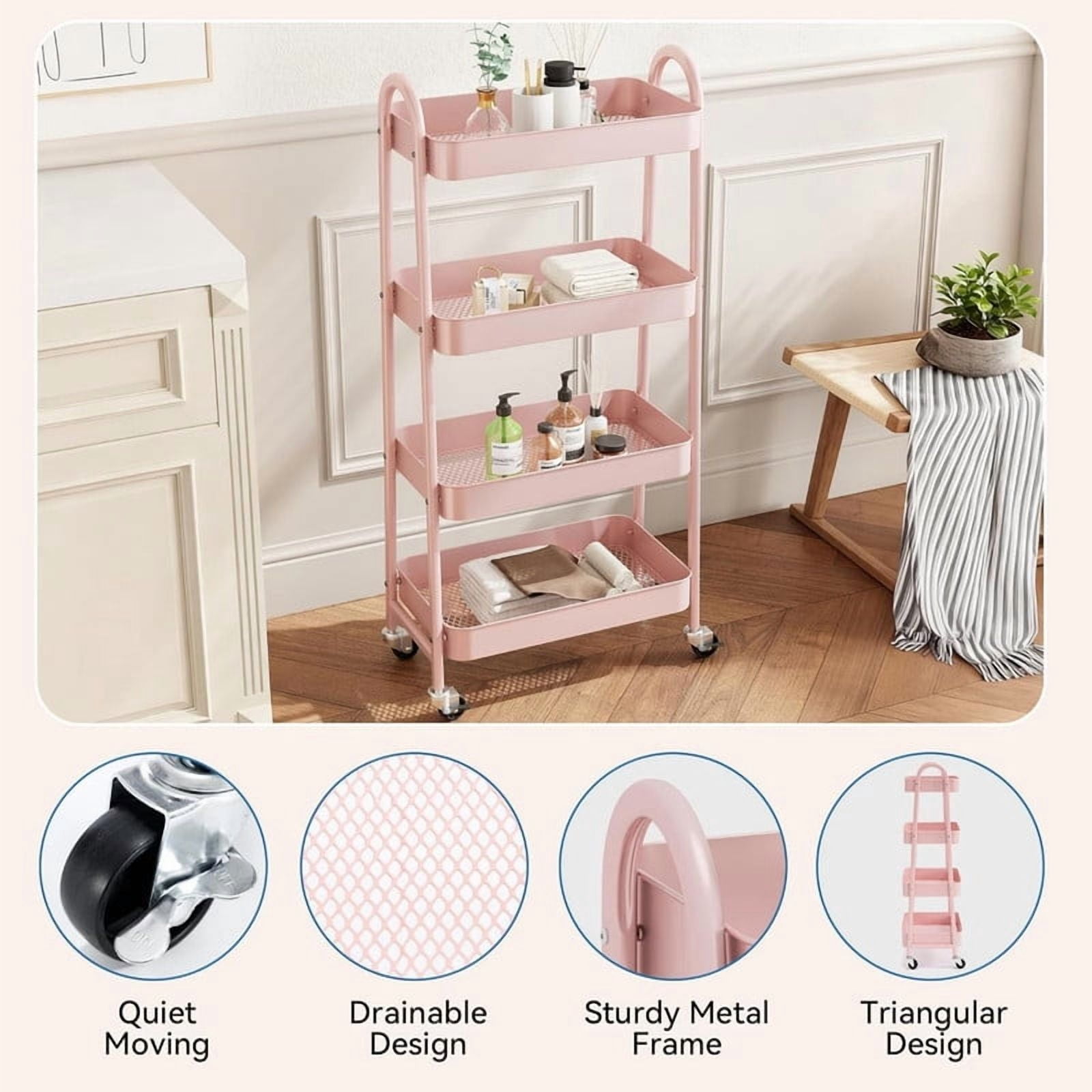 Kelno 4 Tier Rolling Cart Metal Utility Storage Cart Mobile Storage Organizer with Lockable Wheels,Pink