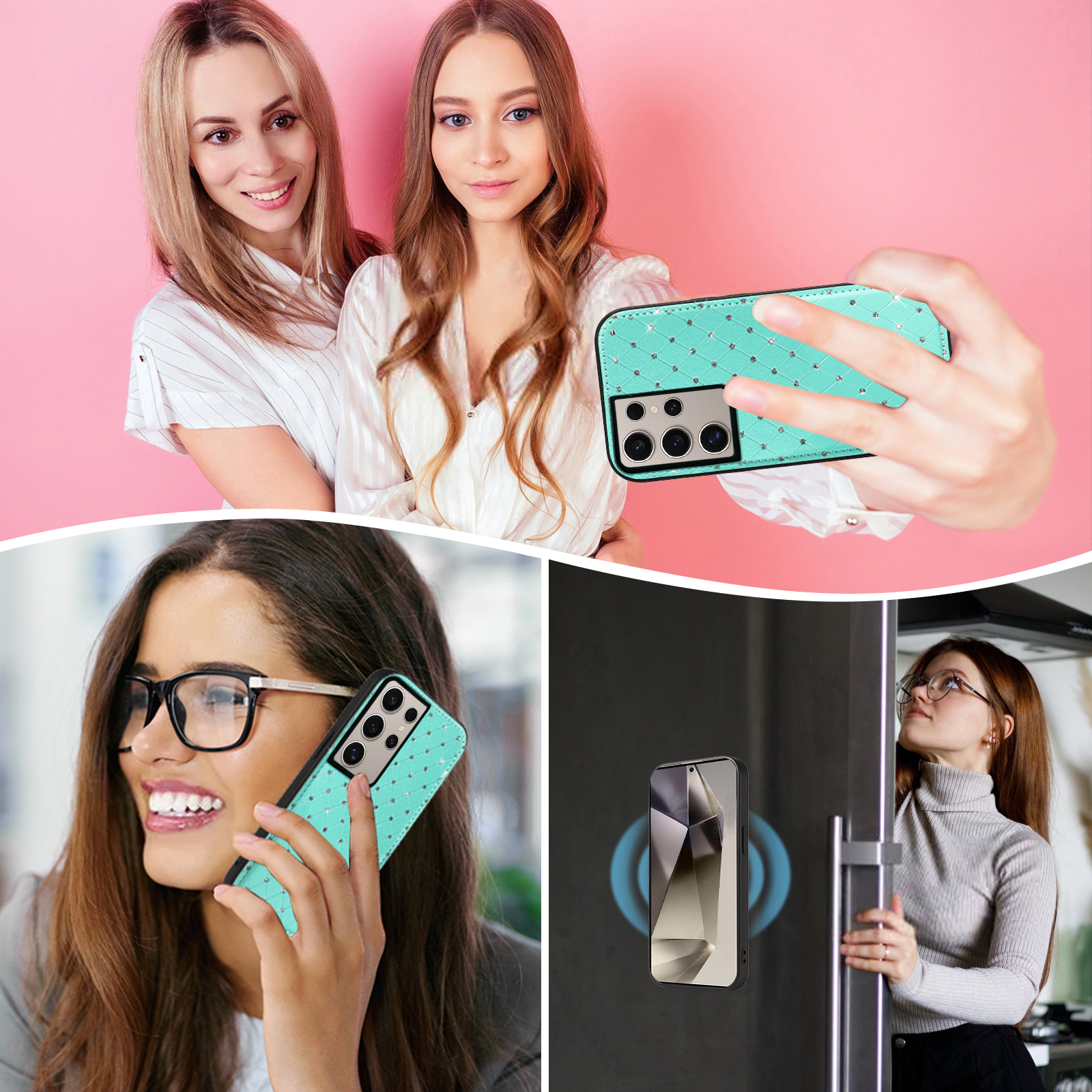Asuwish Phone Case for Samsung Galaxy S25 Ultra 5G Zipper Wallet Detachable Cell Cover with Tempered Glass Screen Protector Crossbody Lanyard Strap Bling Glitter Flip Card Holder Slot S25Ultra Green