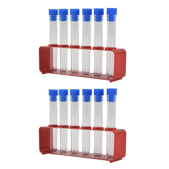 1 Sets 15 x 100mm Test Tubes with Rack Clear Plastic Test Tubes with Caps and 6 Holes Holder Rack Nurse Party Decoration