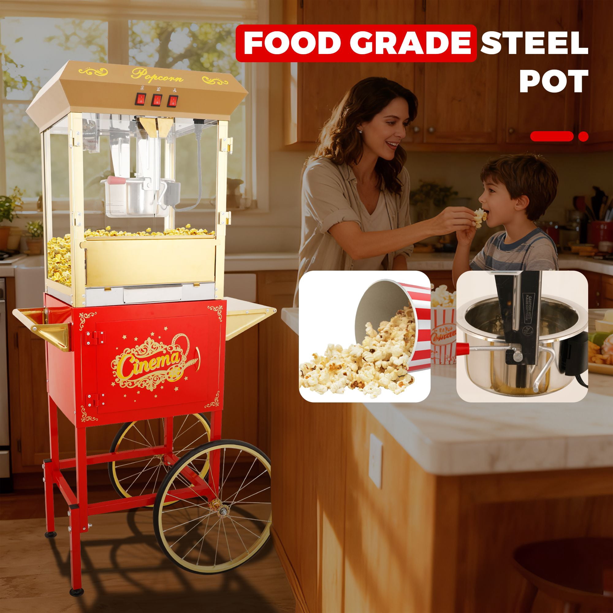 16Oz Commercial Popcorn Machine With Cart and 16 Oz Kettle , Movie Theater Popcorn Machine, Red Gold Pop Corn Machine with 3-Switch Control & Steel Frame Tempered Glass Doors