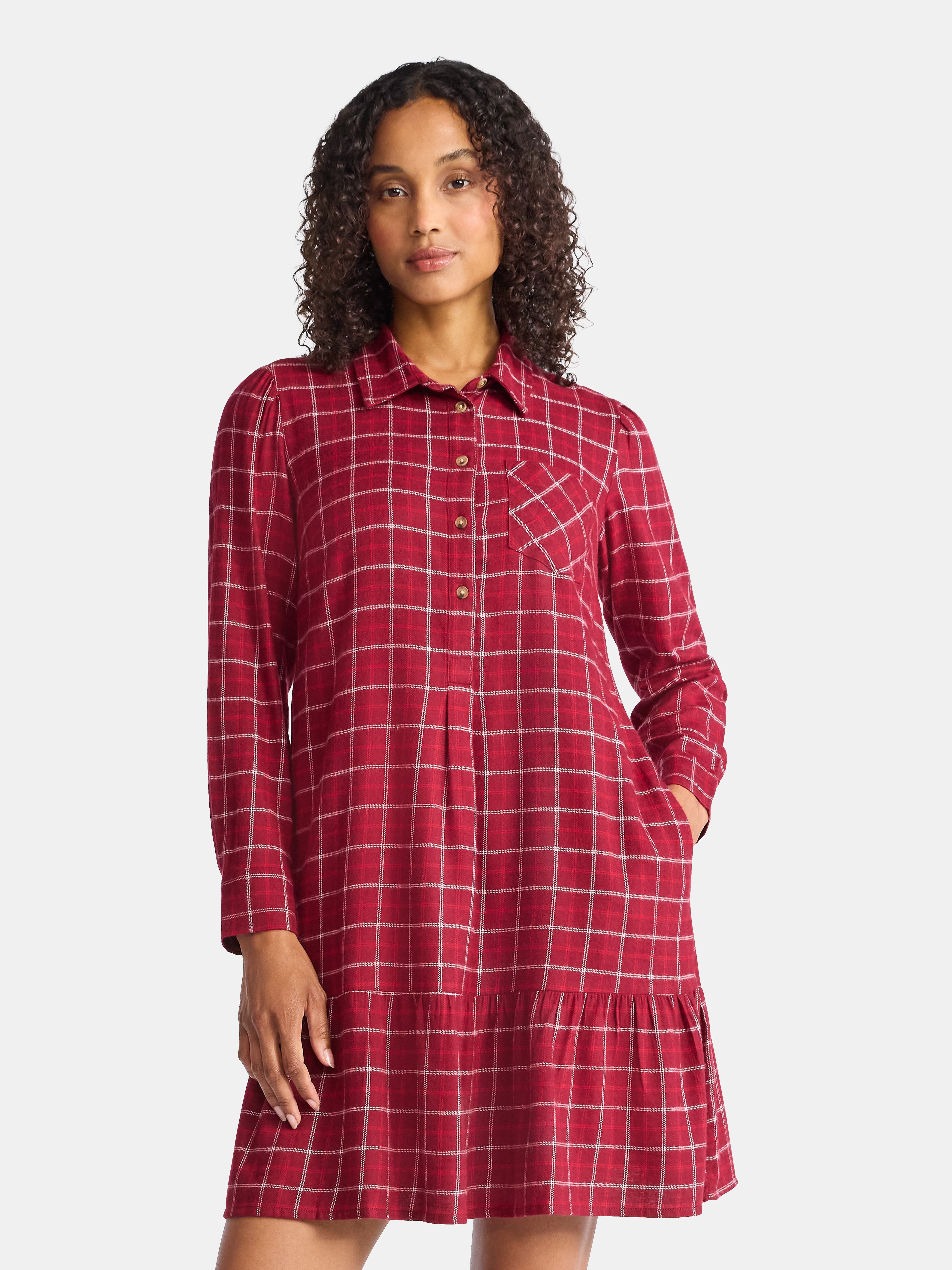 Time and Tru Women's Plaid Mini Dress with Long Sleeves, Sizes XS-XXXL