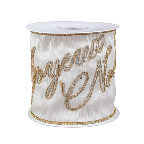 4 in. Dupioni Joyuex Noel Ribbon, White, Embroidered Gold and Silver