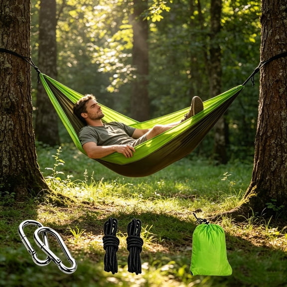 Portable Foldable Outdoor Hammock, Nylon Multicolor Single/Double Size With Solid Load Capacity, Compact Hanging Swing for Camping, Travel, Backyard Leisure Rest