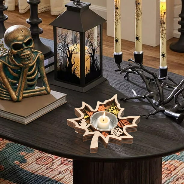 Decoraciones de Halloween, adornos de Halloween, regalos de Halloween, soporte para velas de madera para Halloween, soporte para velas de calabaza, candelabro espeluznante hecho a mano, base para vela