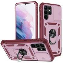 Allytech Cover for Samsung S22 Ultra Case with Slide Camera Cover, Hard PC Back & Soft Bumper Drop Proof Lens Protection Ring Holder Kickstand Case for Galaxy S22 Ultra 5G 6.8" 2022, Pink   Dark Red
