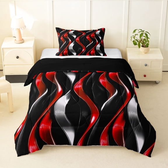 Manfei Gradient Stripes Twin Comforter Sets, Shiny Abstract Lines Bedding Set, Red, Black and Silver, Black Reversible 2 Pieces, 1 Comforter and 1 Pillowcase