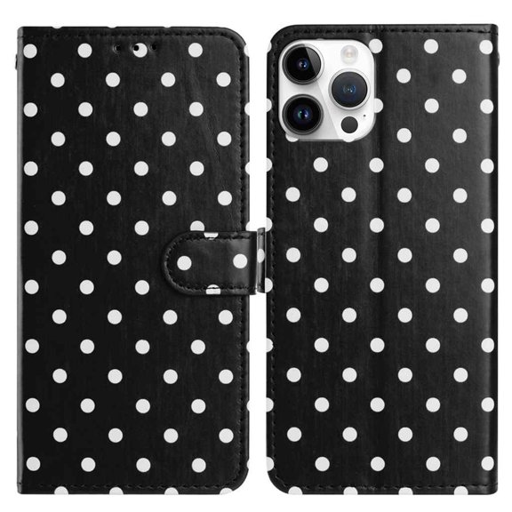 Decase Stylish Polka Dot Pattern Wallet Case for iPhone 16 Pro Max,Shockproof Card Slots Stand Flip Protective Cover,Folio PU Leather TPU Bumper Hybrid Cover,Black