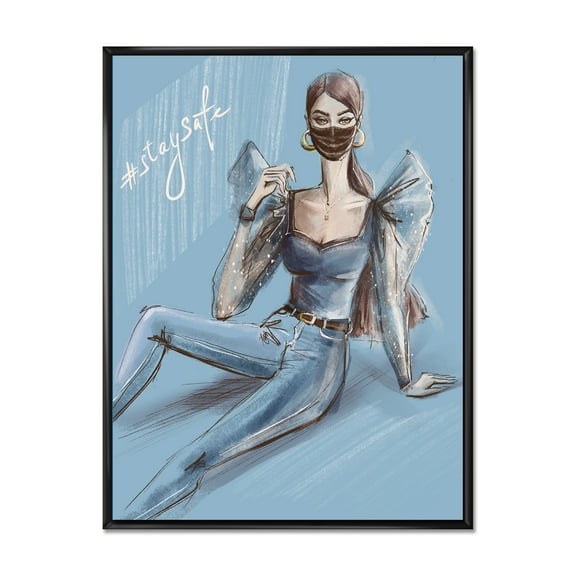 Designart 'Stylish Beautiful Woman Wearing Medical Mask' Traditional Framed Canvas Wall Art Print