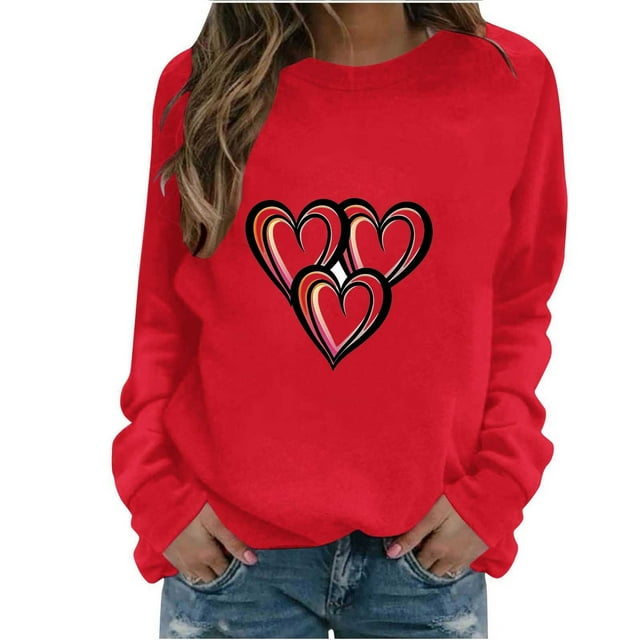 Ounisa Longues Chemises à Manches pour Femmes Col Rond T-Shirts de la Saint-Valentin T-Shirts Imprimés Cœur d'Amour Hauts à la Mode Hiver Automne