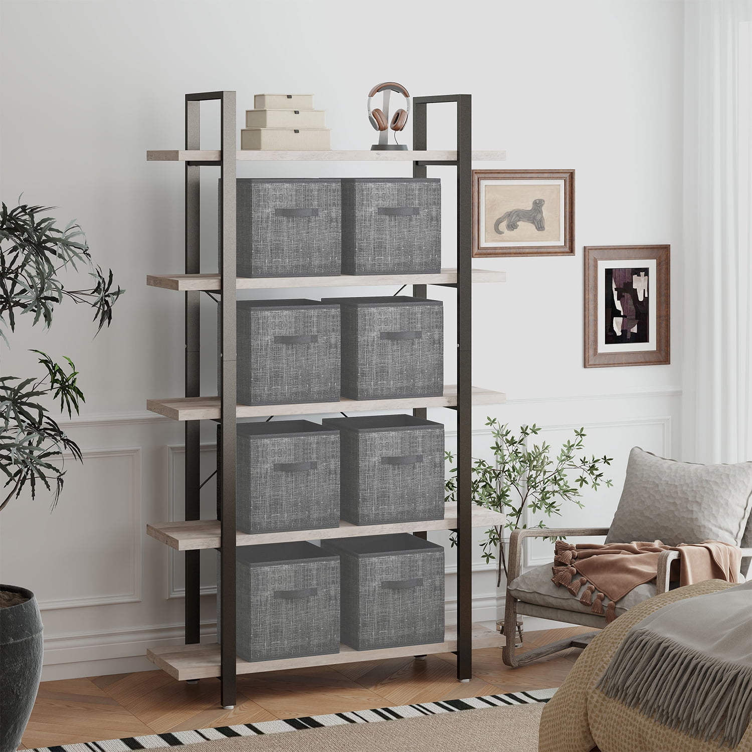 LEDREM Set of 8 Foldable Fabric Storage Cubes, 13" Closet Organizer Bins with Handles for Shelves, Cattail Gray