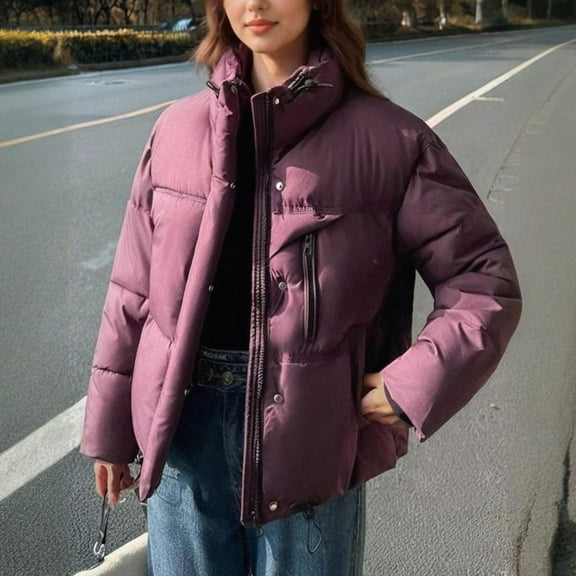 CQONEPT Down Coats for Womens Full Zip Up Rain Jacket Puff Padded Overcoat Thicken Coats Loose Fit Clothes with Pockets Purple L