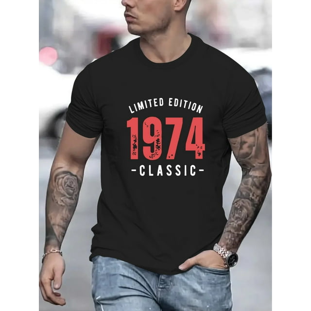1974 Class Print, Men's Round Crew Neck Short Sleeve, Simple Style Tee Fashion Regular Fit T-Shirt, Casual Comfy Breathable