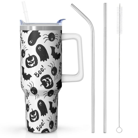 Pumpkin Design Halloween Tumbler 42oz with Handle - Double Wall Insulated Stainless Steel Cup, Leakproof Lid, Spooky Gift for Fall Parties