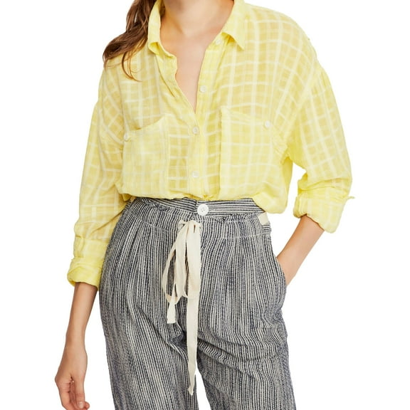 Free People Womens Loveland Button Up Shirt, Yellow, X-Small
