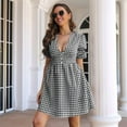 thumbnail image 2 of Women Retro Plaid Print Midi Dress Button Up V Neck Short Sleeve Ruffle Casual Dresses Black XL, 2 of 5
